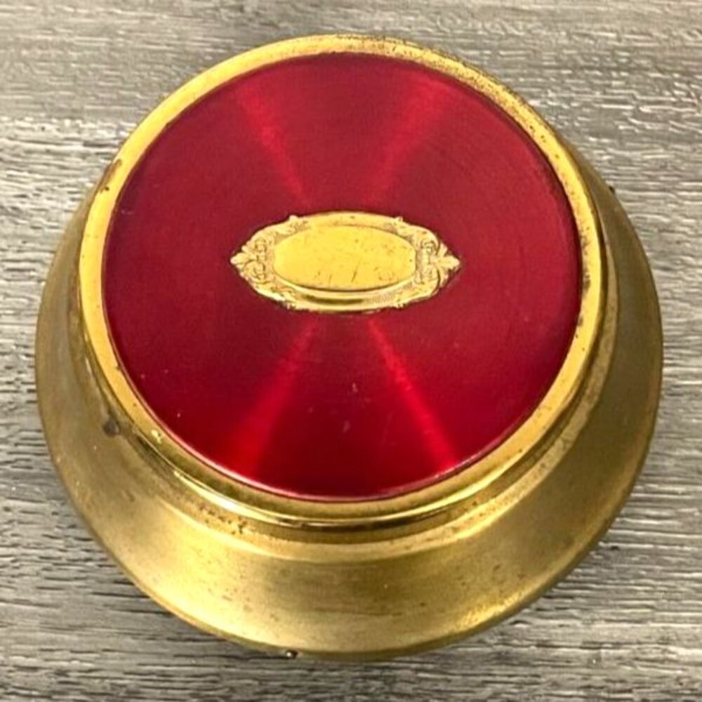 Vintage Brass Jewelry Trinket Box Red Enamel Lid Velvet Lined Round 5"